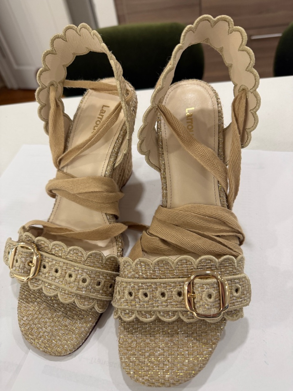 Larroude Gold Tan Wedge Sandals